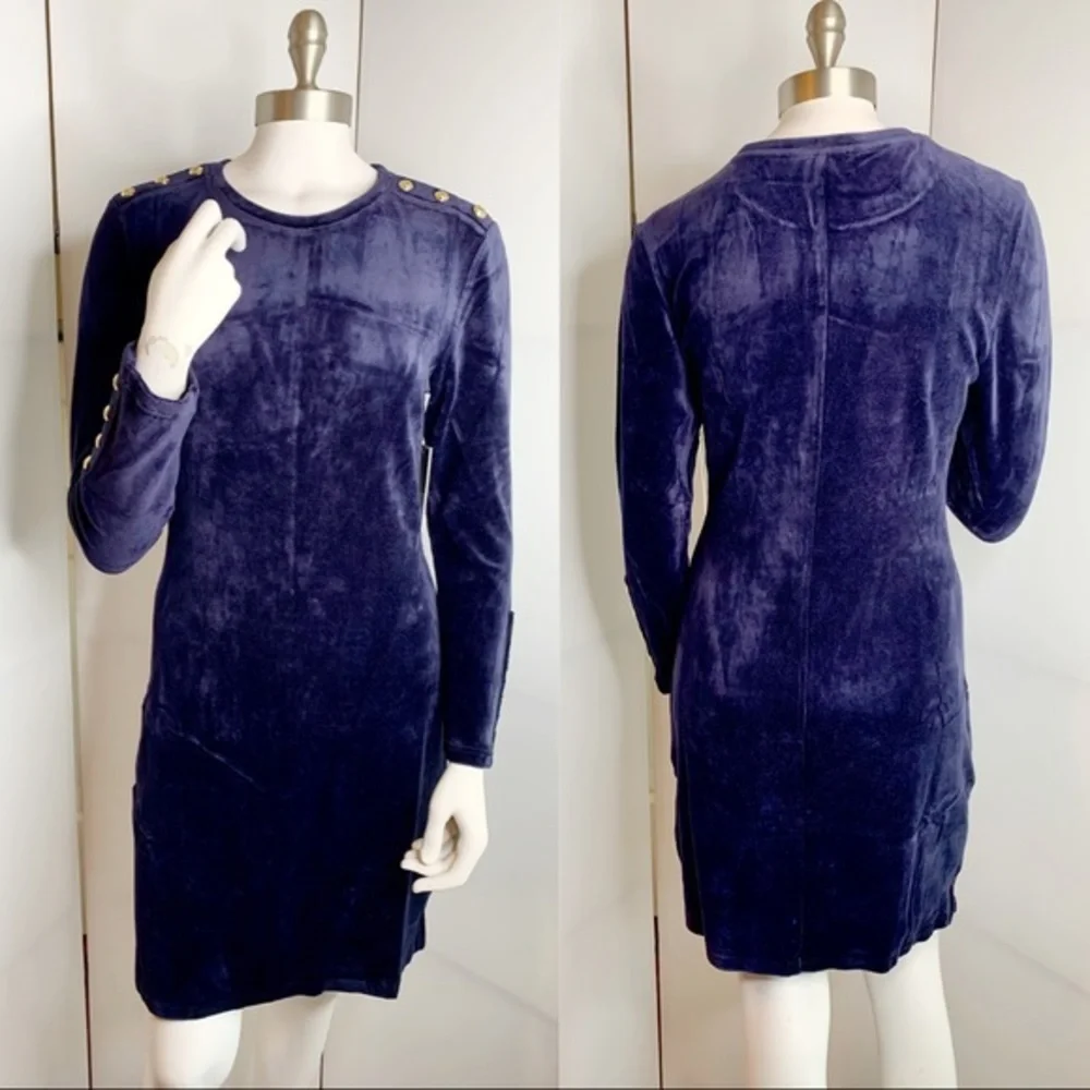 Juicy Couture Gold Button Blue Stretch Velvet Dress